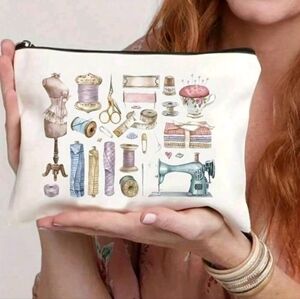 Sewing Themed White Zipper Purse Pouch Bag